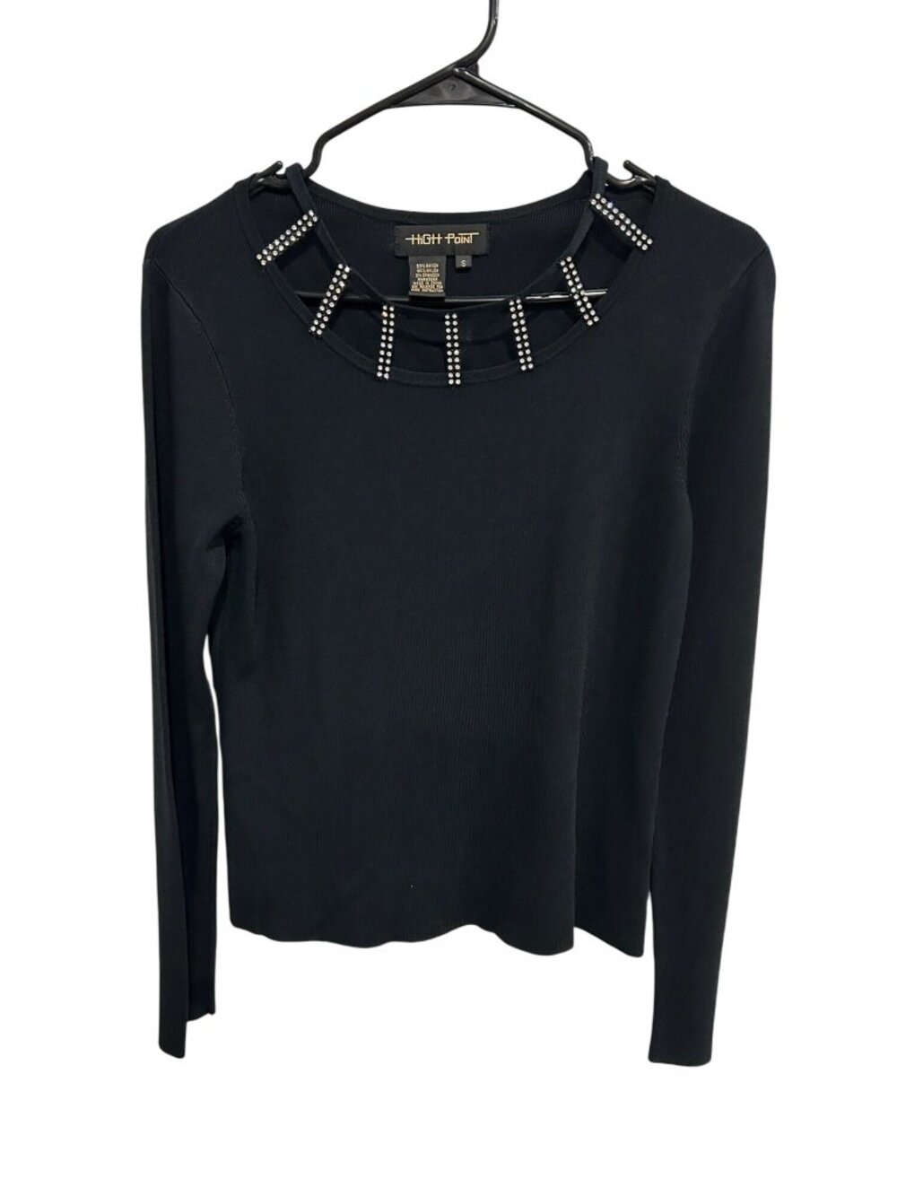 High Point Black Rhinestone Cutout Neckline Long Sleeve Top Sz S Retro Y2K Glam